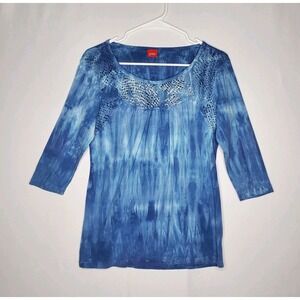 Glima Top Women Medium Blue Cotton Tye Dye Elbow Sleeve 90s Grunge Fairy USA